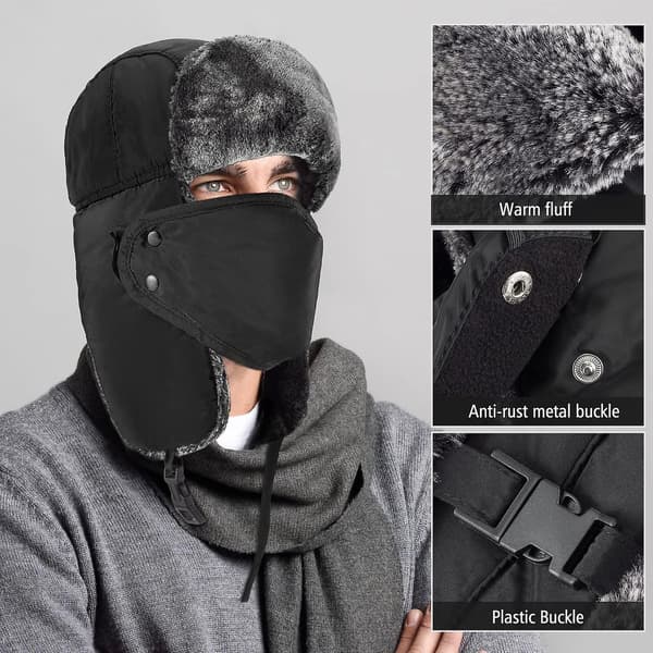 Vinterhatte til kvinder og mænd, vinterhat Trapperhat Ushanka, øreklapper hagerem og vindtæt maske