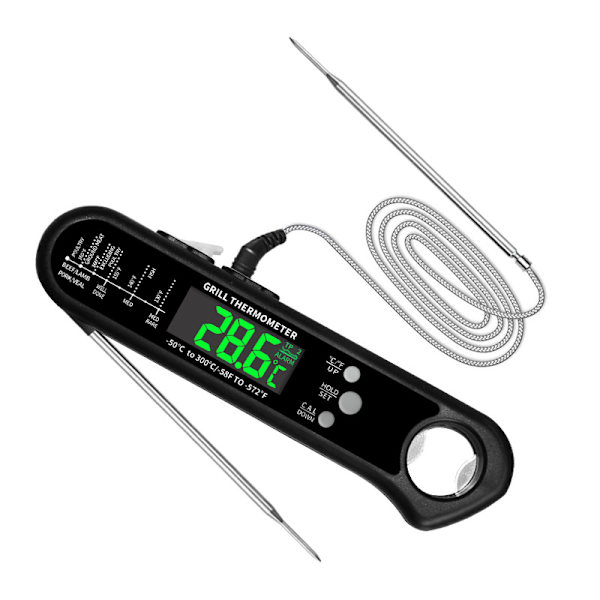 Kötttermometer, Grilltermometer, Snabbavläsande Matlagningstermometer, Kötttermometer, med 2 Långa Prober och LCD-display, för Grillning