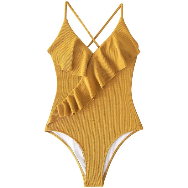 Kvinners One Piece Badedrakt Ruffle Wrap Teksturert Strandbadetøy Badedrakter Yellow XL