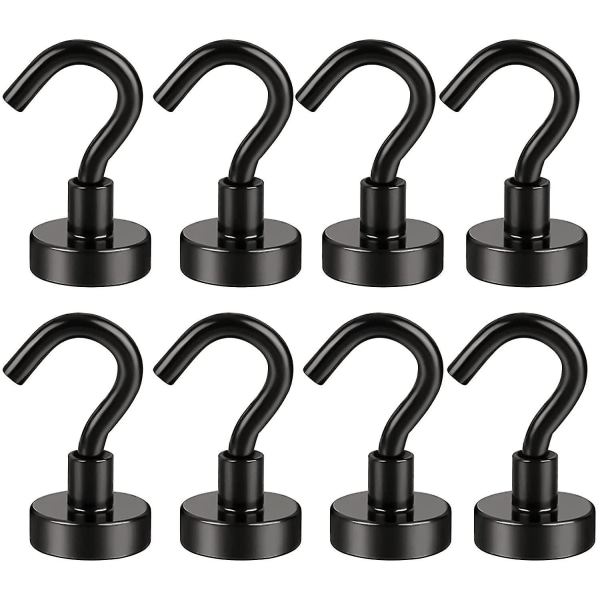 8-pack svarta magnetiska krokar, kraftiga, 22 lbs starka magneter med metallkrokar för kylskåp, superkryssningskrokar för upphängning, magnetisk hängare för