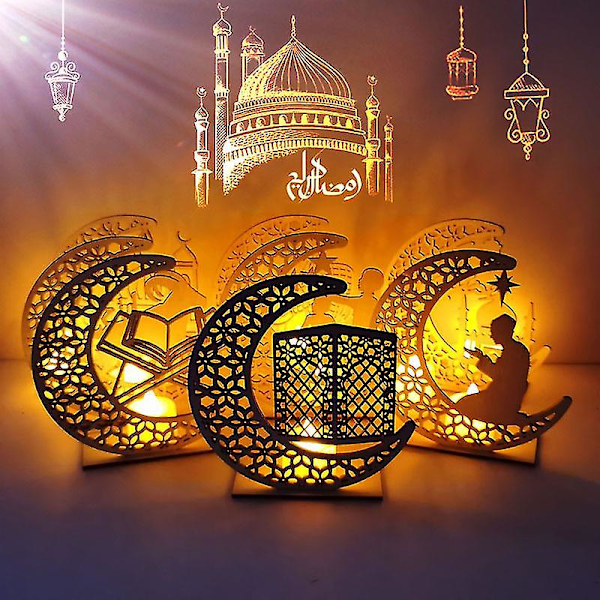 Ramadan Diy Trä Måne Led Ljus COLOR6