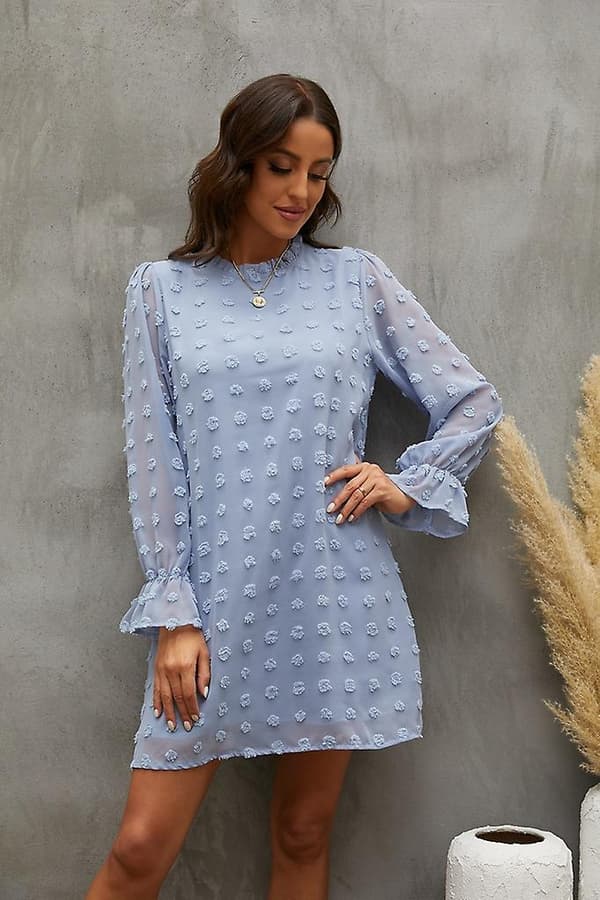 Bubble Langærmet Chiffon Jacquard Bundkjole Light Blue XL