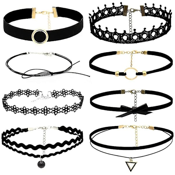 Choker Halskæde Sort 8 Stk Fløjls Chokers Sort, Sort Klassisk Gotisk Choker