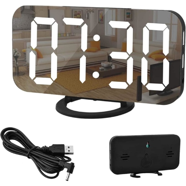 Digitaalinen herätyskello, 6,5" suuren näytön LED-peiliherätyskello himmennystilassa, säädettävä kirkkaus, 2 USB latausporttia, musta