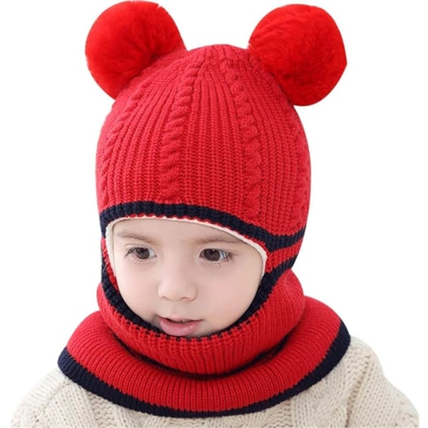 Baby Girls Boys Vinter Varma Halsduk Sjal Mössa Stickad Söt Ansiktsmask Balaclava，Röd