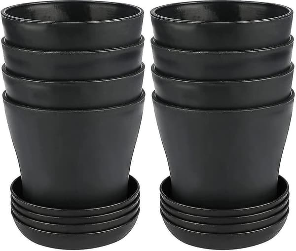 8 stk. 4\" små sorte plantepotter i plast til indendørs planter til kontoret