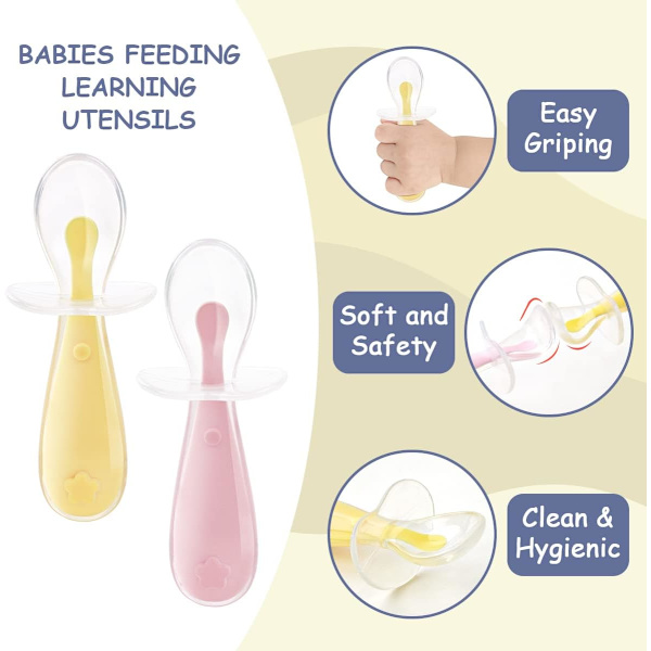 Silikon sked för baby (11,5*4,5 cm, gul + röd), ergonomiska babybestick, sked, gaffel och pre-sked. Idealisk inlärning av matdiversifiering, DME och själv-