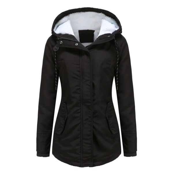 Varm vinterjacka med Sherpa-foder för kvinnor, tjock parkas med huva Black 2XL