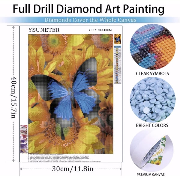 Blue Butterfly Painting Kit - Vuxen Round Diamond Art Kit för nybörjare, DIY Full Diamond 5D Diamond Dot Painting 12*16 tum