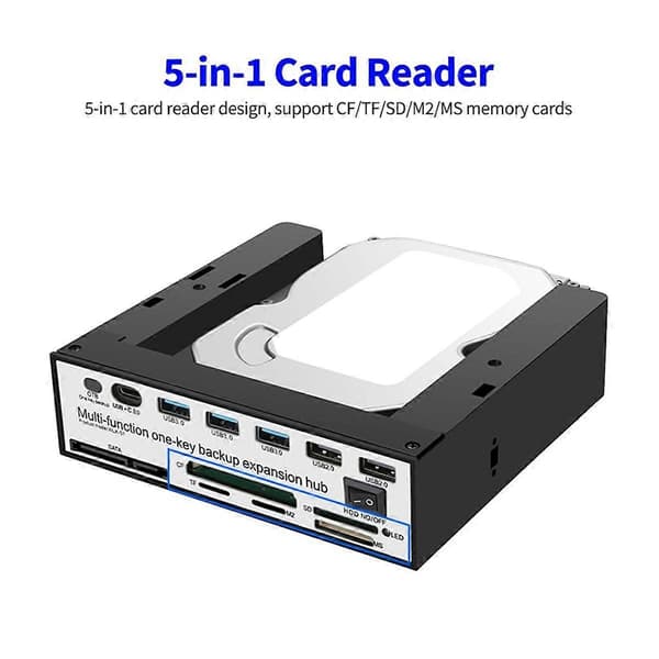 5.25 Tommer Frontpanel Udvidelseshub med 3 USB3.0 2 USB2.0 Porte 5-I-1 Kortlæser Understøtter One-Key Backup Panel