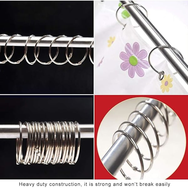20 kpl (20 mm) metalliset suihkuverhon renkaat, helppo avata ja sulkea, hopeiset verhorengaslukot kylpyhuoneeseen