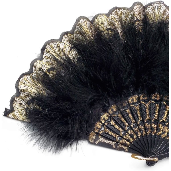 Broderad Flower Marabou fjäderfläkt, 1920-tals klafffläkt i vintage för kostymfest Dans-svart