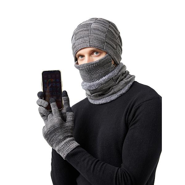 Varm 4-delt sett med lue, skjerf, maske og hansker for menn og kvinner grå