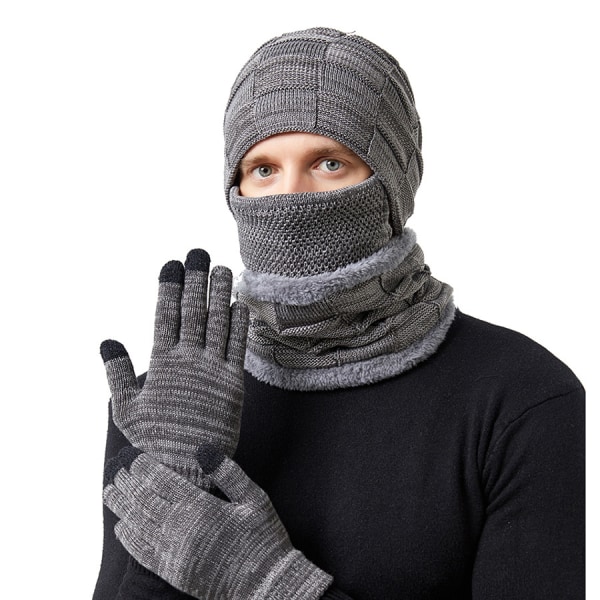 Varm 4-delad mössa, halsduk, mask och handskar för män och kvinnor grå