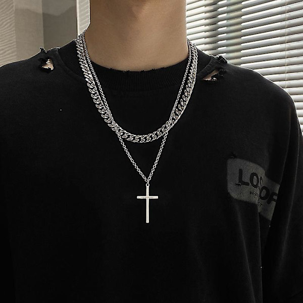 Flerskiktat korshalsband, silver rostfritt stål herr kors halsband kors kedja flerskiktat repkedja kors halsband