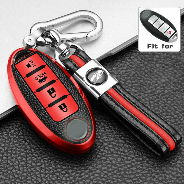 Til 4-knaps fjernbetjening nøglering læderbeskytter nøglering taske kæde til Infiniti Nissan Red