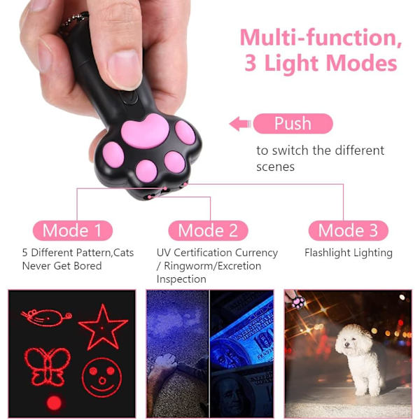 1 stk. sort, ca. 92*47*18mm kattepegepind, interaktivt LED-kattelegetøj 5 i 1 justerbart mønster, USB genopladeligt rødt LED-lyslegetøj til katte- og hundetræning
