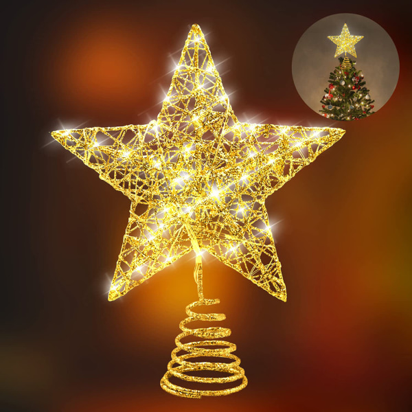 Gyllene julgransstjärnaljus på toppen av julgranens stjärnstjärnor, det finns 20 LED-lampor på toppen av julgranen