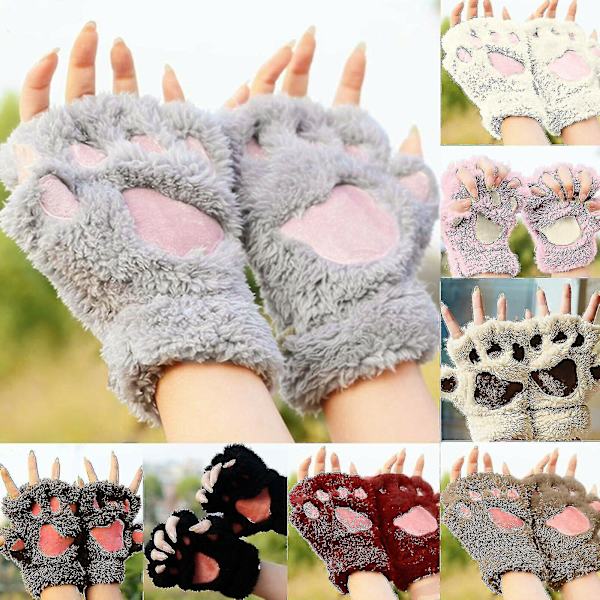 Dame Pige Kat Klø Hånd Handsker Vinter Plys Halv Finger Fingerless Varme Luffer