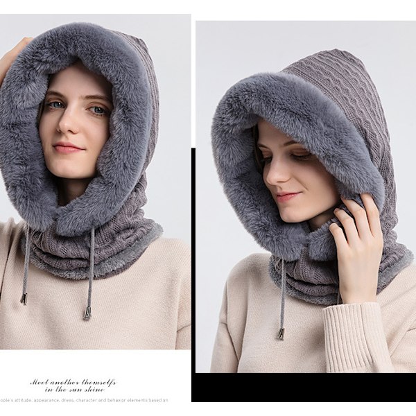 Dame Vinter En-Stykke Løs Uld Hue Halstørklæde Maske Snørebånd Varm Sweater Hætte Strikket Hue Grå