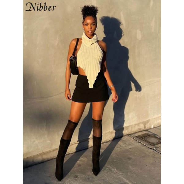 Nibber Genser Strikket Topper Turtleneck Basic Tank Top Beauty Back Genser Genser Vest 2023 Sommer Elegant Streetwear Dame Black L