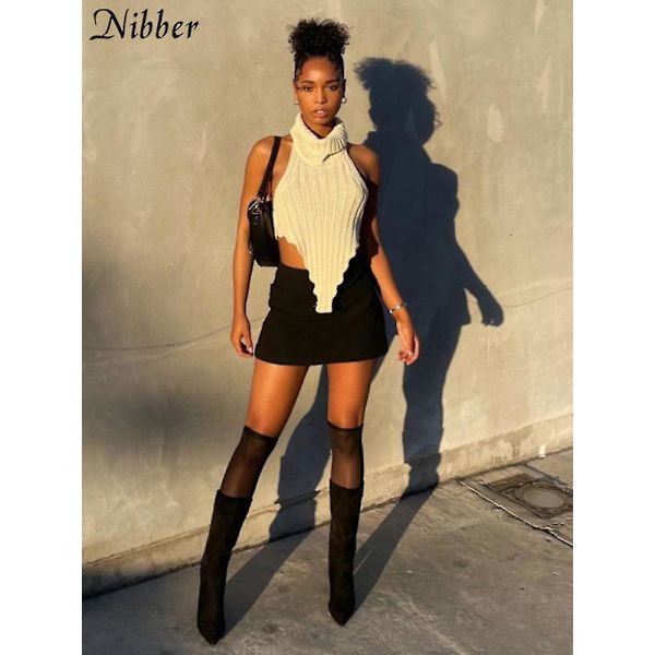 Nibber Genser Strikket Topper Turtleneck Basic Tank Top Beauty Back Genser Genser Vest 2023 Sommer Elegant Streetwear Dame Black M