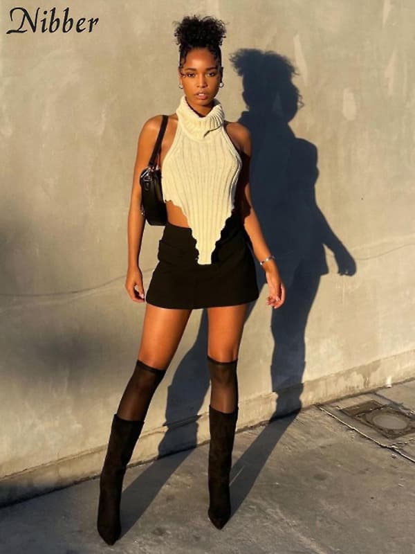 Nibber Pullover Strik Top Turtleneck Basic Tank Top Beauty Back Sweater Pullover Vest 2023 Sommer Elegant Streetwear Kvinde Ivory L