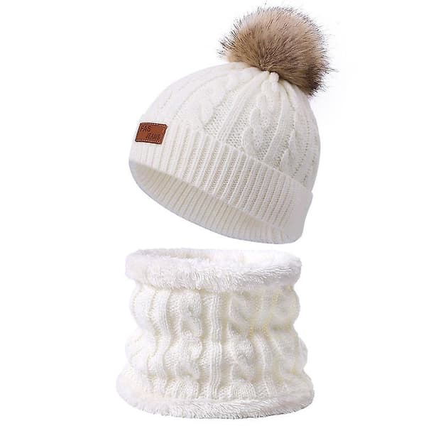 Toddler Ullhalsduk Och Mössa Set Vinter Tvinnad Dubbel Pompom Stickad Mössa Rosa White