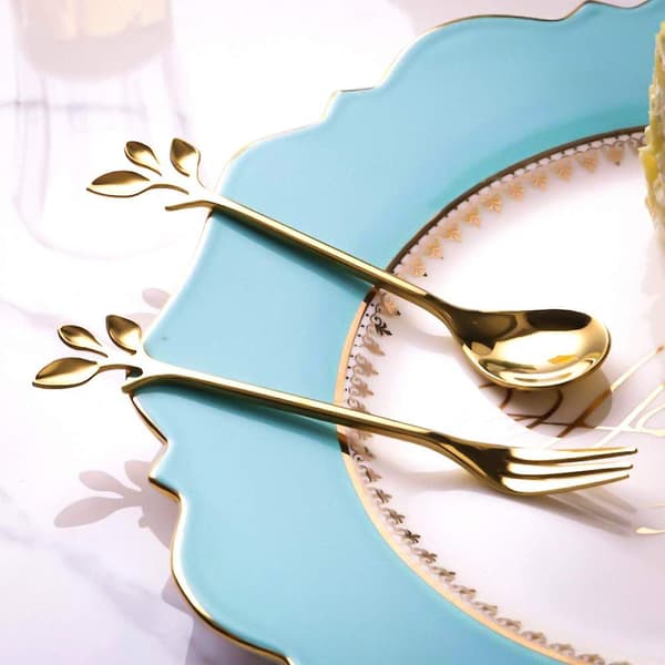 Rostfritt stål kaffesked dessertgaffel/blad retro sked gaffel set/cocktailbestick/12st