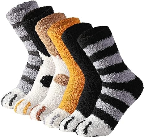 6 par söta katt tass strumpor för kvinnor, mysiga fluffiga vinterskor