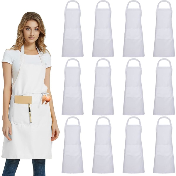 12-pack haklappsförkläde, unisex vitt förkläde Bulk med 2 rymliga fickor Maskintvättbar för kökspyssling bbq ritning