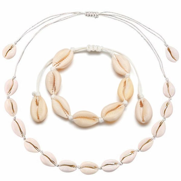 Shell Choker Halsband Snäckskal Halsband Justerbart Shell Halsband Armband Set Hawaiian Smycken För Kvinnor Män Flickor Damer White