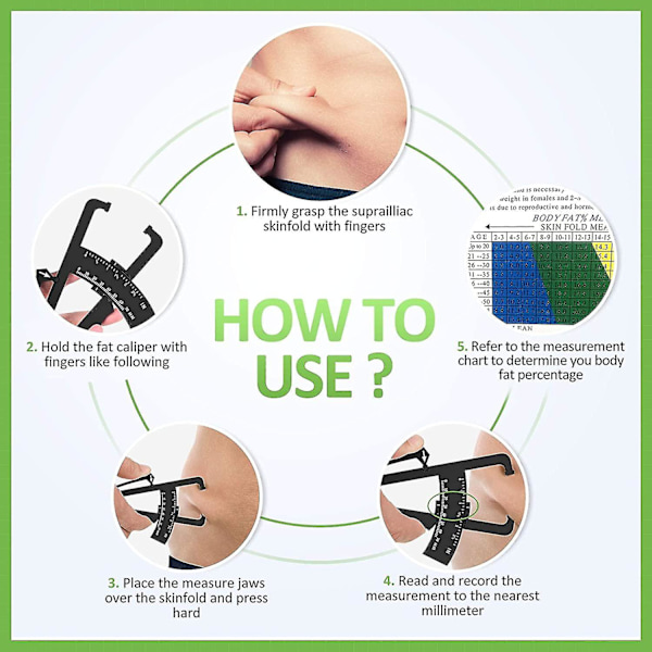 Kroppsfettkaliper, fettmätningsklippare combo med kroppsfettprocentmätningsschema White