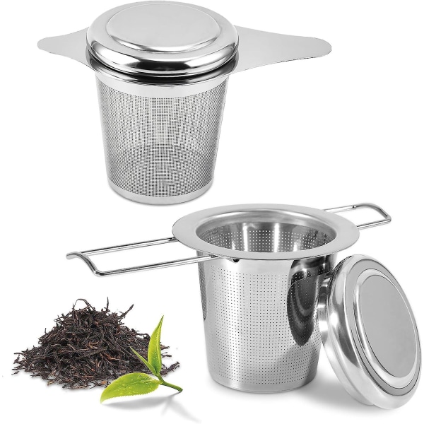 Paket med 2 tesil för löst te, rostfritt stål tesil för kopp, tefilter rostfritt stål med lock och vikbara handtag - mesh och D
