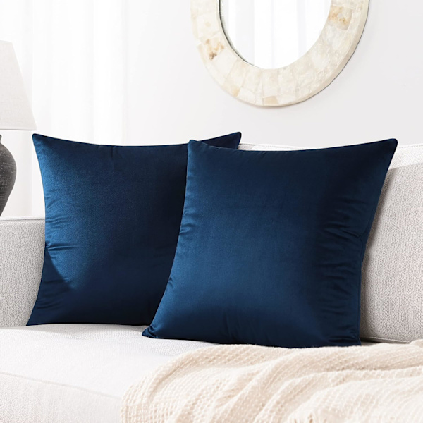 Sæt med 2 hyggelige, firkantede pyntepuder i fløjl til sofa og seng, marineblå, 18 x 18 tommer