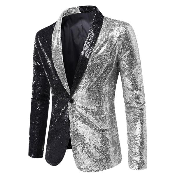 Glitterblazer med paljetter för män, en knapp, spetsig krage, smokingjacka, svart och black and silver XXL