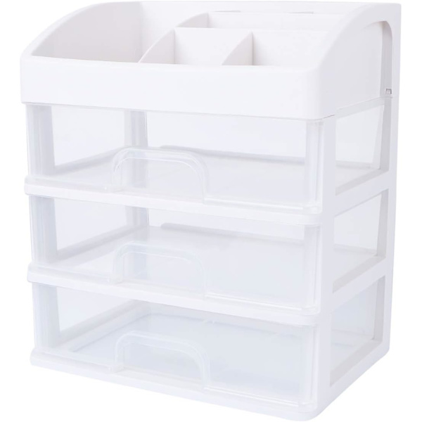 Skrivebords sminkeorganisator med 3 skuffer Kosmetikkorganisator Utstillingsrom Rom Stationery Oppbevaringsboks for Kommode Soverom Bad Kontor