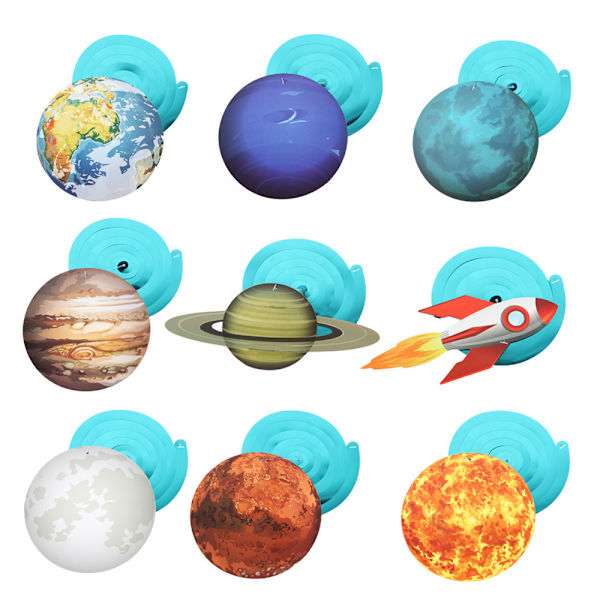 Rymdtema födelsedag dekoration set spiralhänge dra flagga dra blomma tårta kort insats skylt astronaut planet