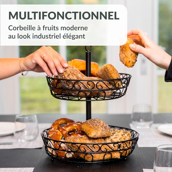 2-kerroksinen hedelmäkori - Suuri metallihedelmäkori työtasokoristeella - Musta design-hedelmäkulho - Tuoreiden hedelmien ja vihannesten pöytäkori