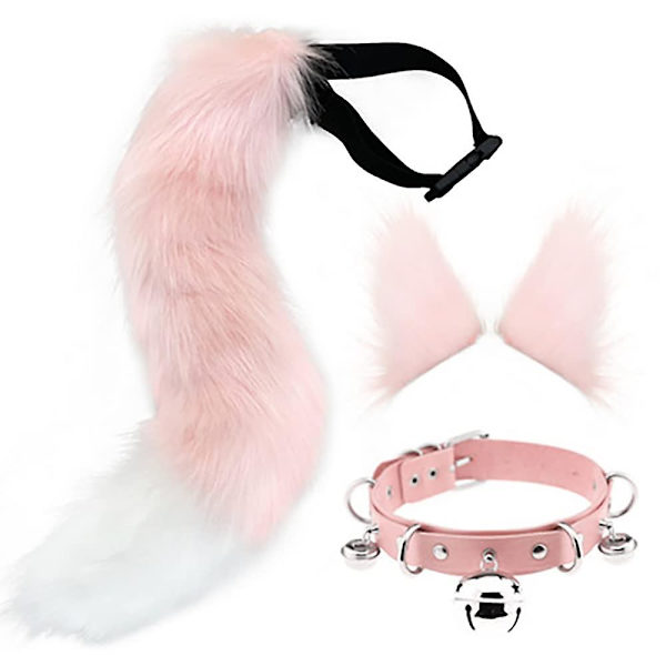 Hale og ører sæt, lang ræv hale cosplay kunstig pels furry ræv ulv hale kit med ører og bjælder krave til børn, piger, drenge Pink