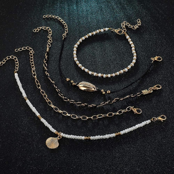Bohemia Shell Charm -riipus nilkkaketjusetti 5kpl Musta nahka Ketju punottu naru Helmihelmillä nilkkakoru