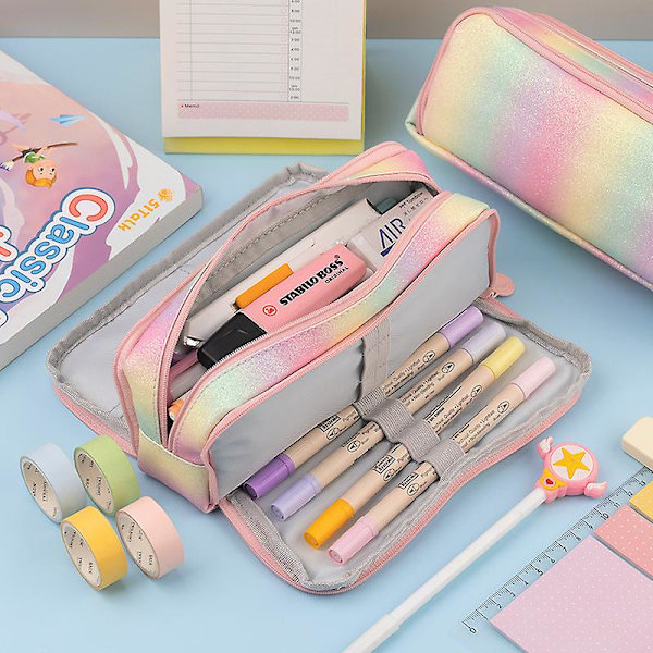 Stort pennfodral med 3 fack smink för gymnasiet skolmaterial pennfodral skolmaterial set Rainbow