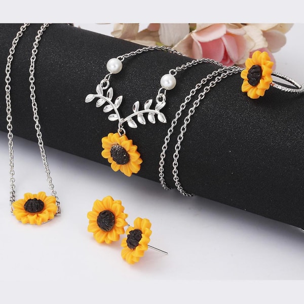4 sæt mode kreative guldbelagte perleblade solsikke vedhæng halskæde solsikke armbånd øreringe ring sæt til kvinder smykker
