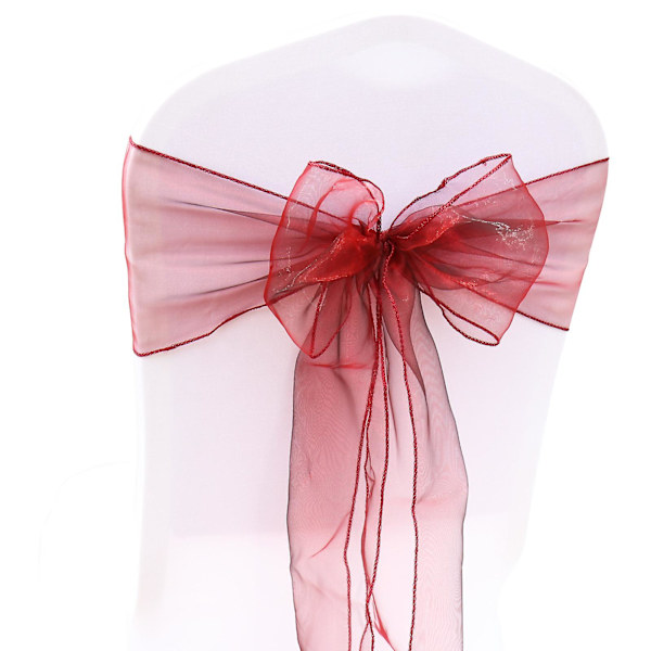 25 st Sorganza stolsöverdrag Tulle rosetter Sash Tie Ribbon Bröllopsfest wine red