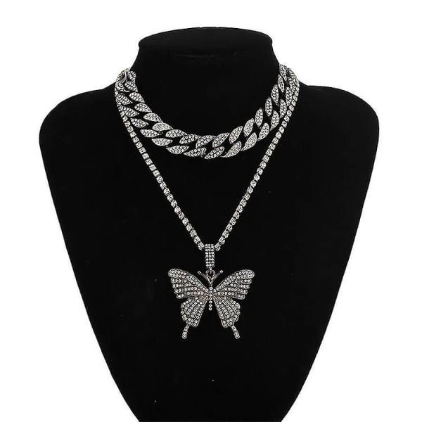 Butterfly Cuban Link Halskæde Sæt - Kvinder Hip Hop Halskæde Kæde Iced Out Med Bling Rhinestones, Mode Tilbehør Til Hip Hop Elskere