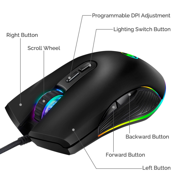 Kabelansluten optisk USB mus, RGB-färgad lysande spelmus