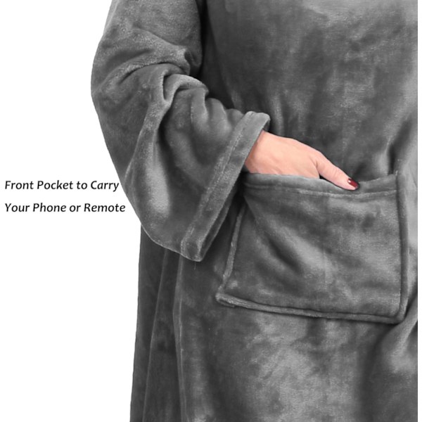 Bærbar fleece-tæppe med ærmer og fodlommer til voksne kvinder og mænd, mikro-plys komfortabelt wrap-sleeve tæppe-kåbe, stor, grå