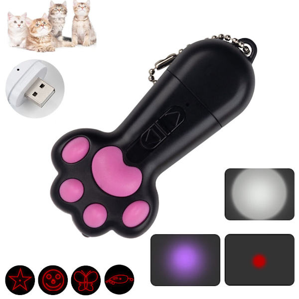 1 stk. sort, ca. 92*47*18mm kattepegepind, interaktivt LED-kattelegetøj 5 i 1 justerbart mønster, USB genopladeligt rødt LED-lyslegetøj til katte- og hundetræning