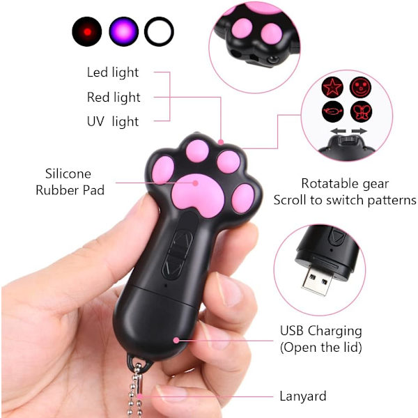 1 stk. sort, ca. 92*47*18mm kattepegepind, interaktivt LED-kattelegetøj 5 i 1 justerbart mønster, USB genopladeligt rødt LED-lyslegetøj til katte- og hundetræning