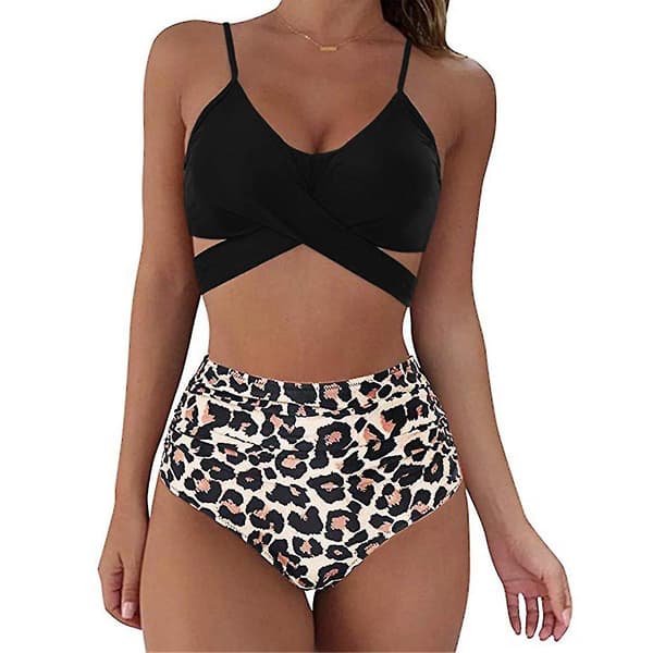 Dam Wrap Bikini Set Push Up Hög Midja Tvådelad Baddräkt Split Ormhudstryck Baddräkt För Simning (svart Leopardtryck) Xl